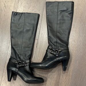 Alex Marie Black Leather Mid-Heel Knee Boots with Harness Detail